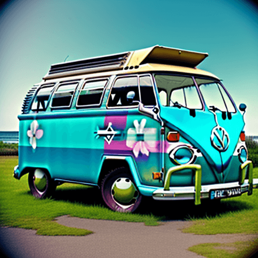 AI generated: old volkswagen bulli painted like the 1970's with the lettering "Happy Birthday" on its side