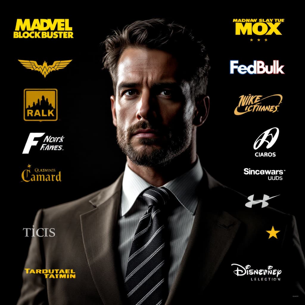 AI generated: a man with a tie and in his tie, many blockbuster logos, but real blockbuster logos 



