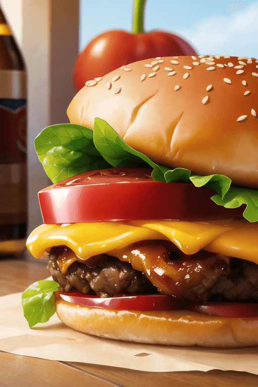 AI generated: hamburger with bacon, lettuce, tomato and cheese, promotional image, hyperquality, products shot, fu...