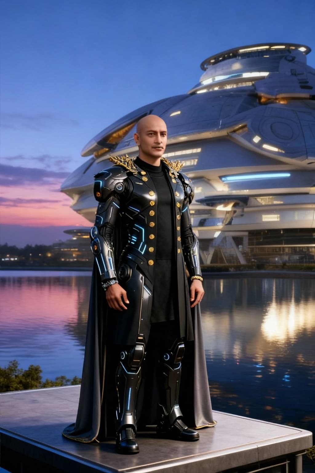 AI generated: New Picture of the character in a different pose and futuristic attire. Younger looking, remove faci...