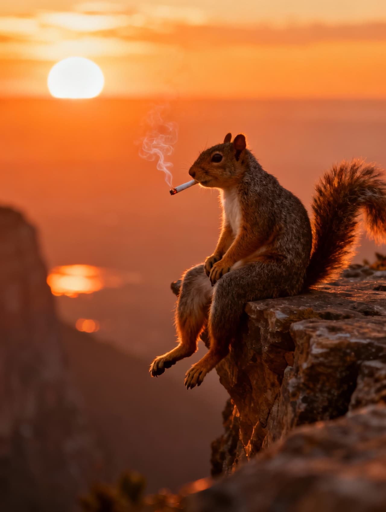 AI generated: An ultra-realistic iPhone 17 snapshot of a squirrel sitting at the edge of a rocky cliff during a gl...