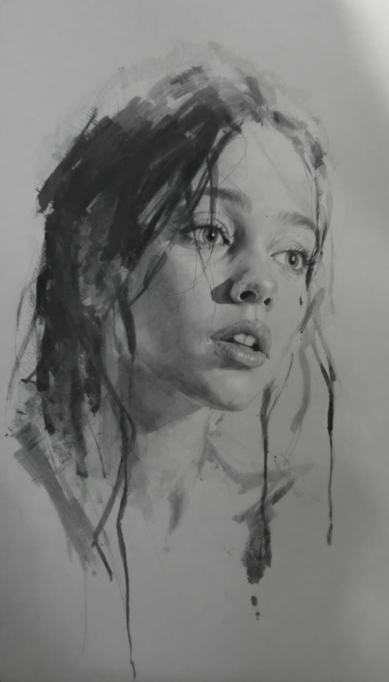 AI generated: girl, charcoal sketch, scared