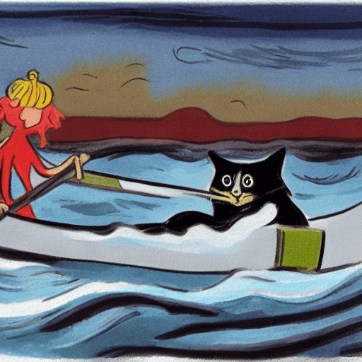 AI generated: Tove Jansson color style illustration : :  black cat in the kayak in the storm, big waves around : :...