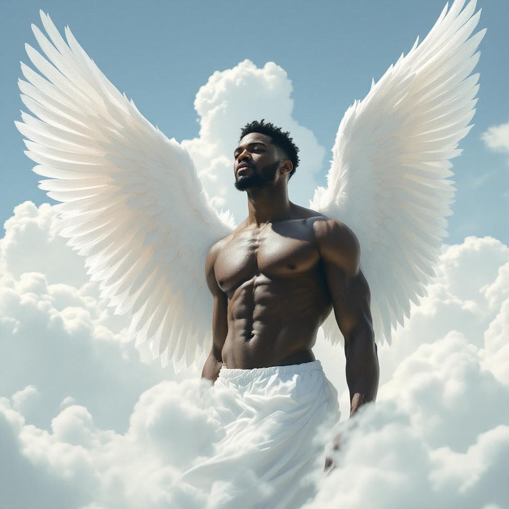 AI generated: Delicate bright white Angel wings in the clouds, no shadows, black African male masculine angel with...