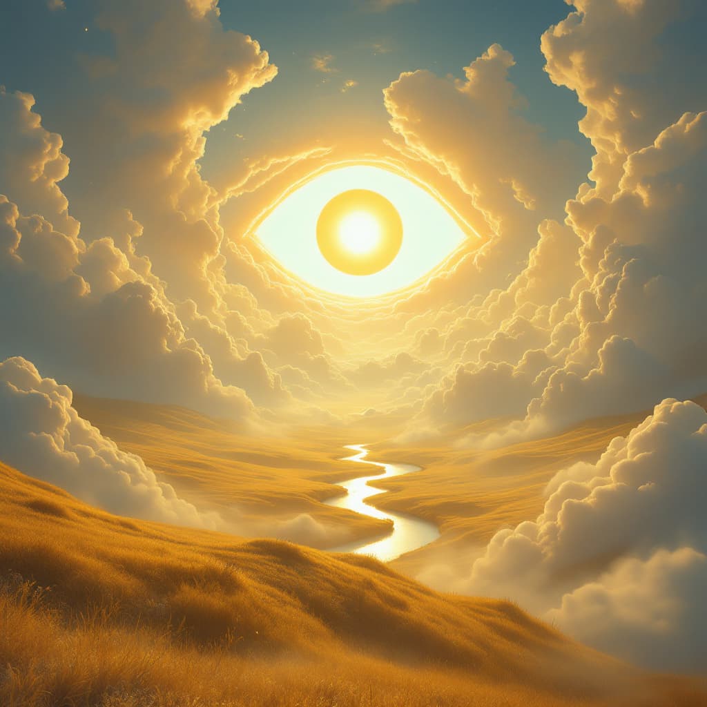 AI generated: A surreal, bright, hyperrealistic landscape bathed in golden morning light. Puffy clouds form a gent...