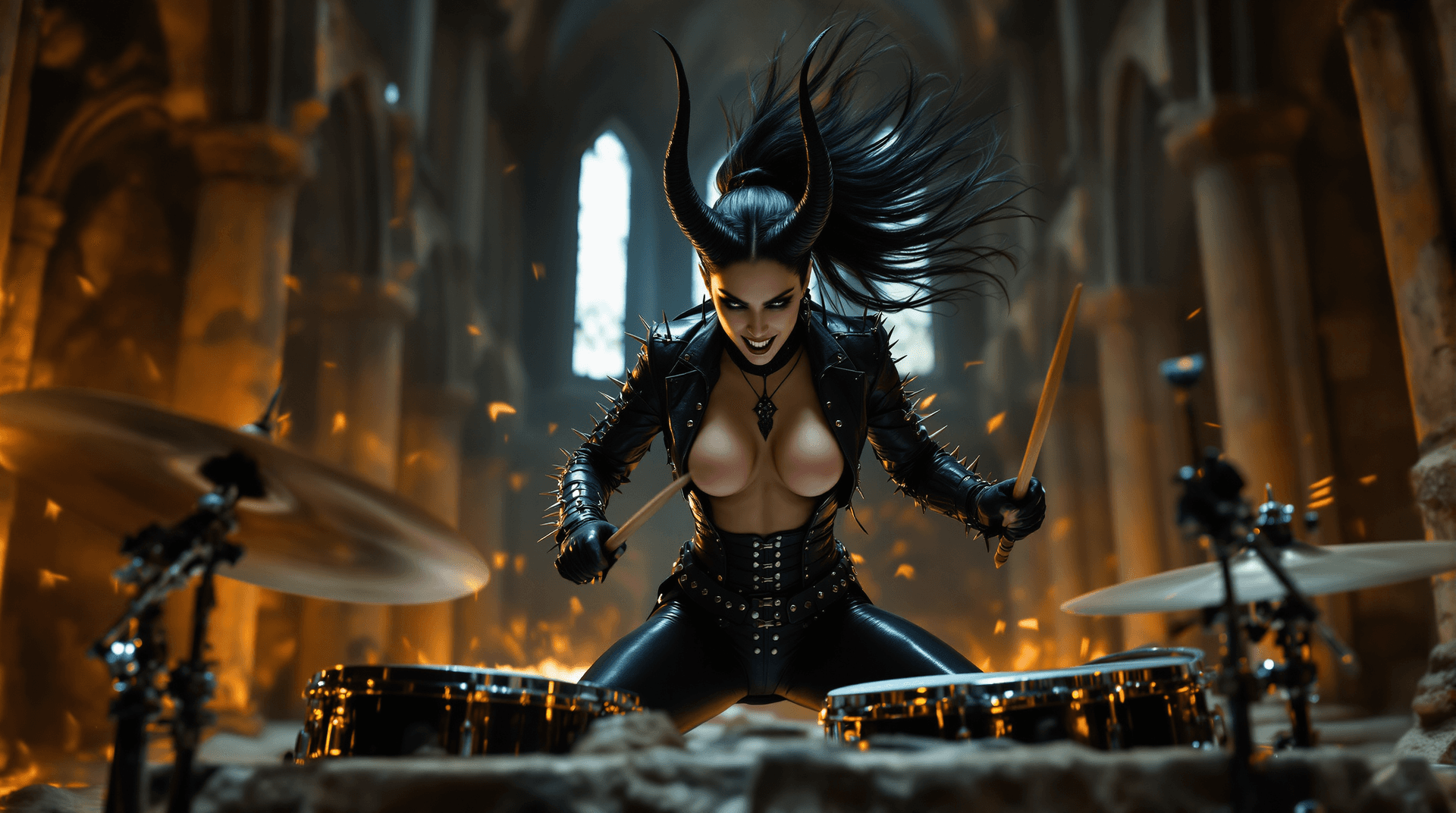AI generated: A dynamic, explosive cinematic phot of Lamašatu, the demon drummer, unleashing a torrent of rhythmic...