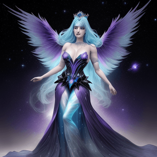 AI generated: beautiful queen of ravens in action,femme fatale,cosmic plumes,in action commanding the universe,icy...