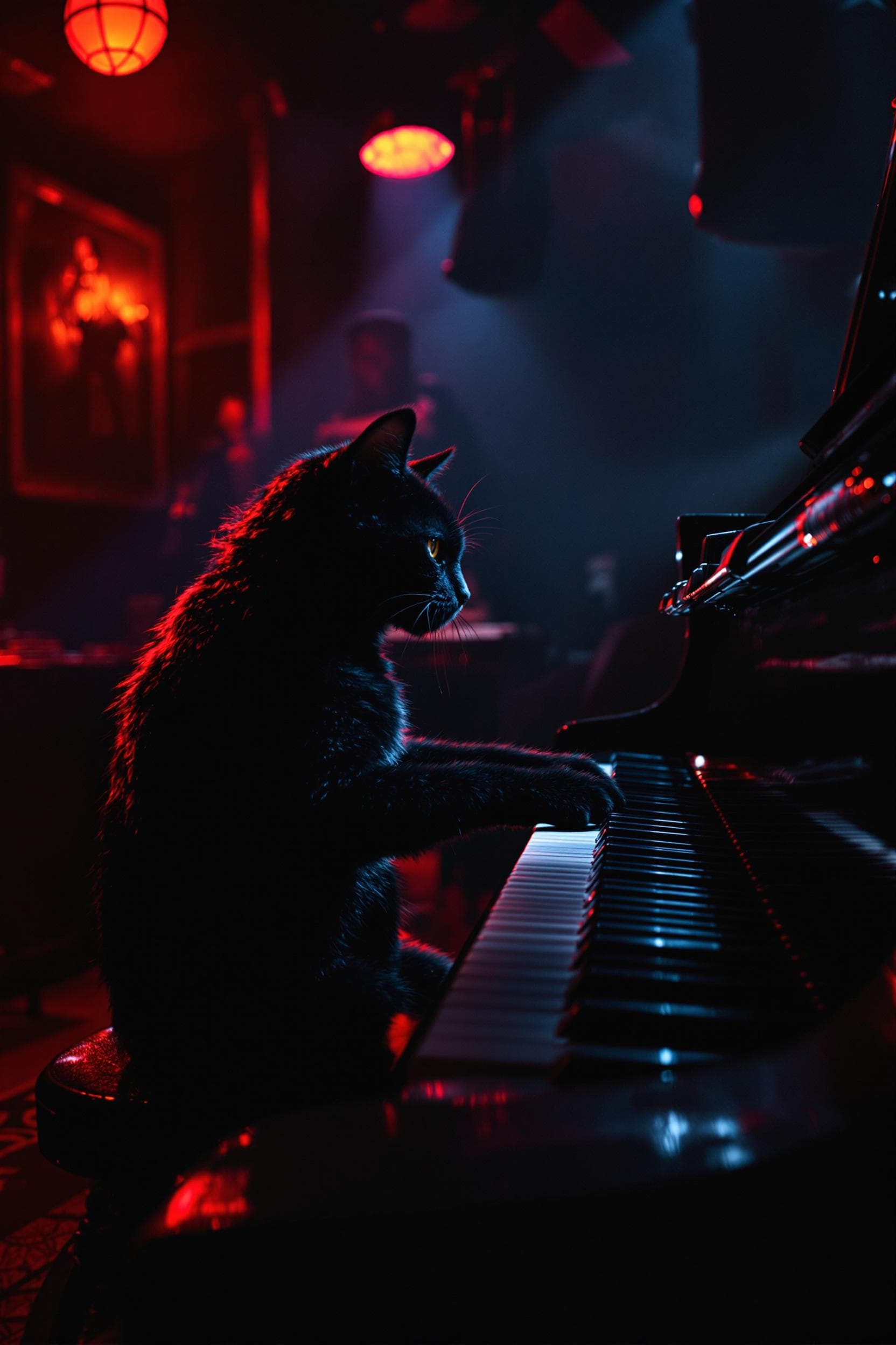 AI generated: black cat playing a playing a piano on stage in a jazz club with red accent mood lighting