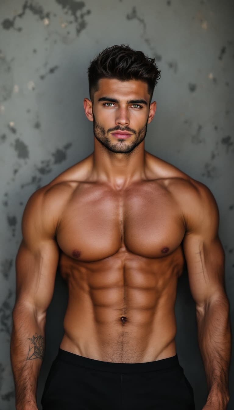 AI generated: photo du corps entier d'un jeune homme de 19 ans, les cheveux rasés noirs, il a les yeux verts. Il a...