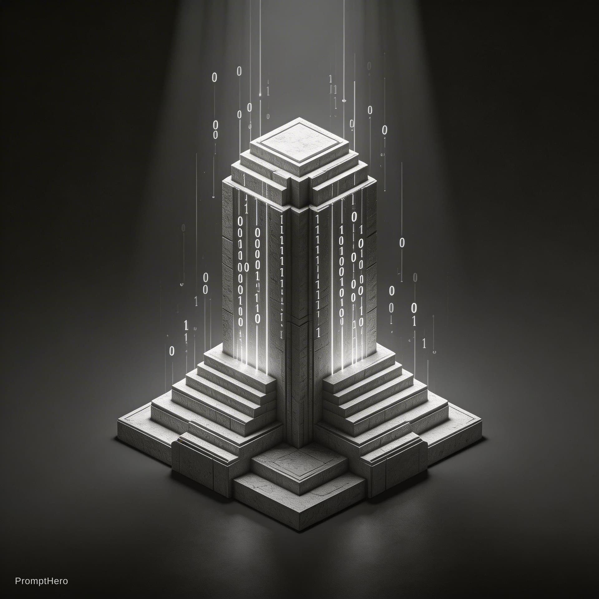 AI generated: A futuristic architectural monument of digital data streaming vertically in a void; isometric perspe...