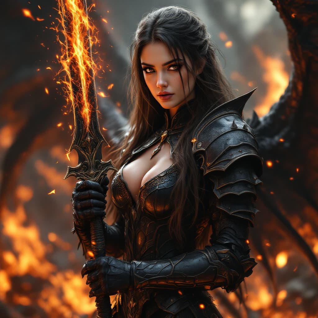 AI generated: Realistic women with black scary armor, Holding fire Sword,human face,long hair, perfectly detailed ...
