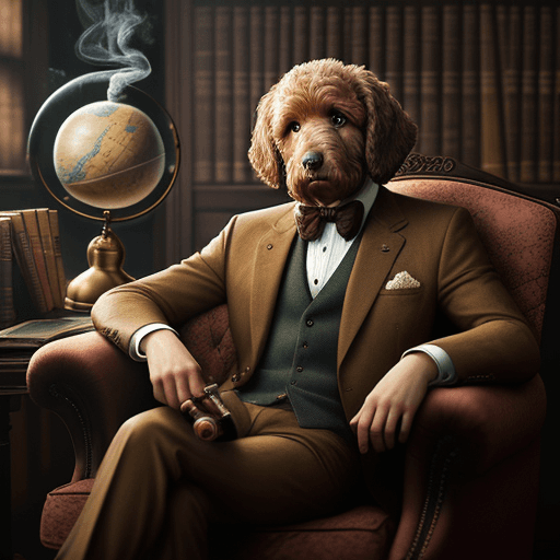 AI generated: A brown labradoodle dog, sat in a three-piece suit, in an armchair.  He is sitting in a library with...