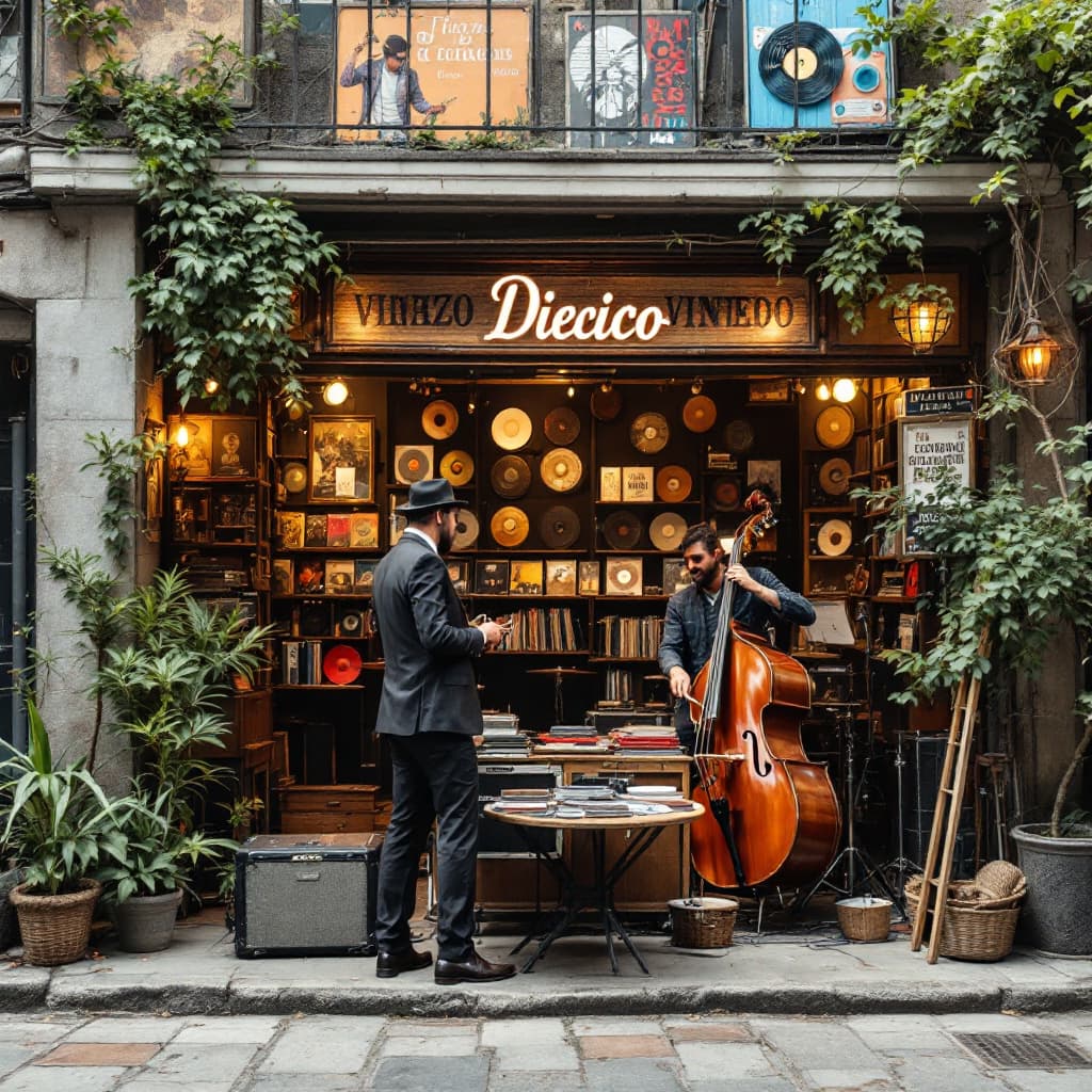 AI generated: tienda de discos de vinilo vintage con un escenario y una banda de jazz tocando al fonod
