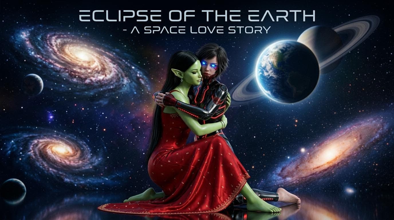 AI generated:  Make a movie poster in 16.9 with these two characters hugging in space with galaxies and planets. T...