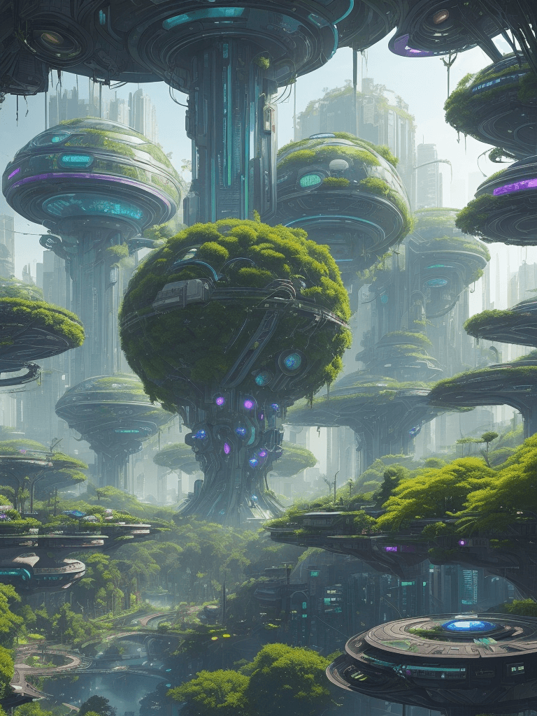 AI generated: a view of a city with a lot of trees and bushes, garden, a lot of flying orbs , future city, in fant...