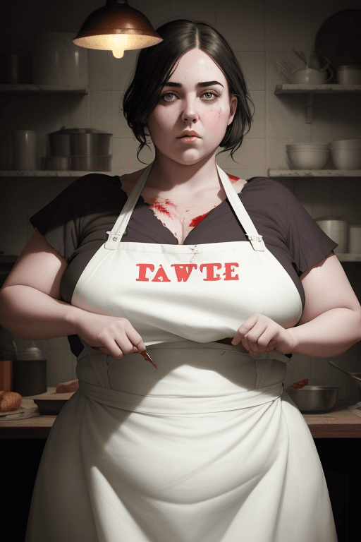 AI generated: RAW photo, low key, cinematic composition, fat  female butcher, woman, rim light, blood (white latex...