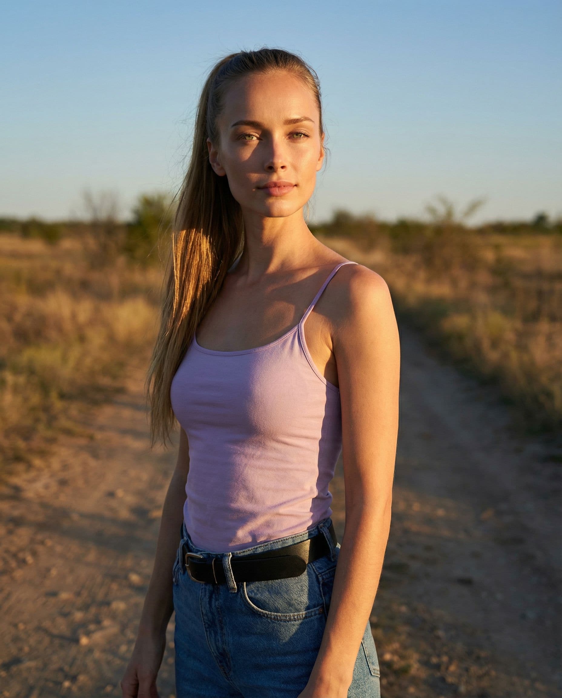 AI generated: realistic cinematic image with dark shadows and high contrast,

A fit 30yo woman standing outdoors o...