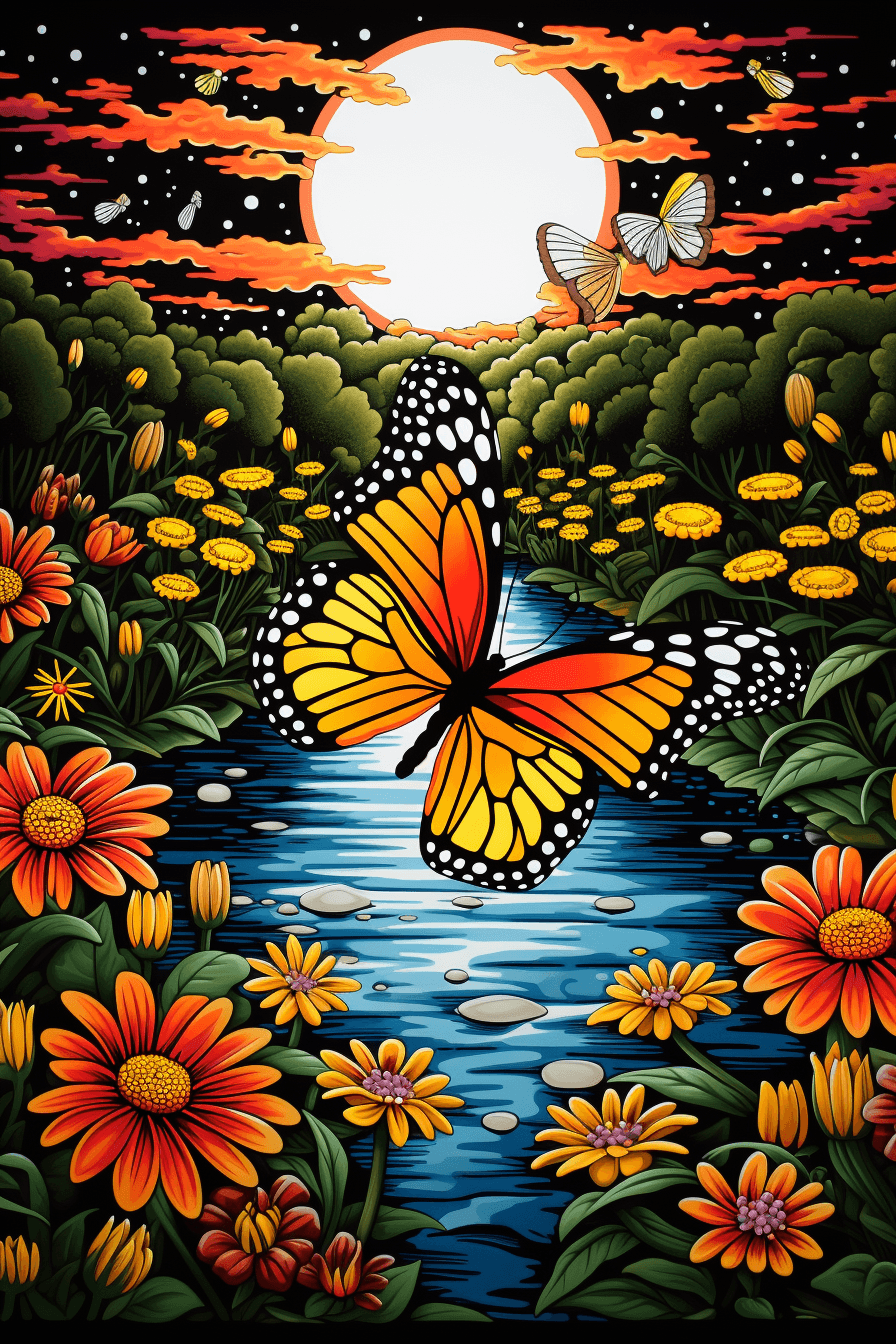 AI generated: A butterfly fluttering in a colorful garden, with blooming flowers, delicately dancing, Charles Burn...