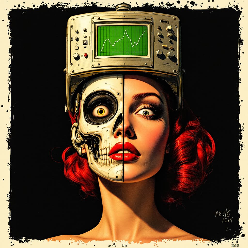 AI generated: A woman with red hair and one eye, half of her face is a skull like in the style of Terminator, she ...