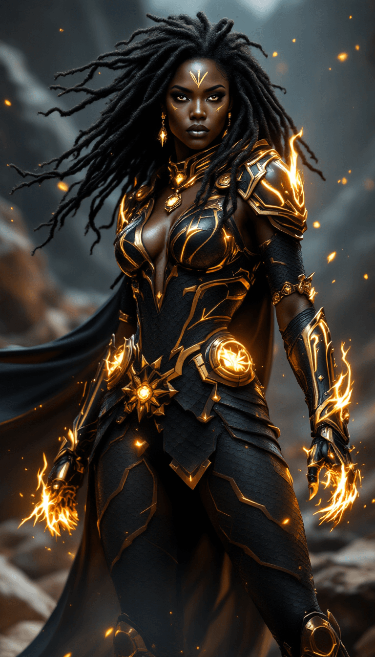 AI generated: /imagine prompt: A fierce African woman with rich ebony skin, dreads,  bold gold tribal markings on ...