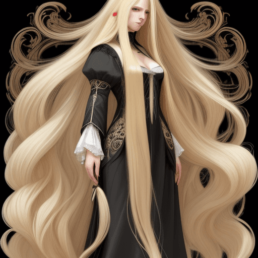AI generated: girl with very long black hair, extremely long thick blond hair, absurdly long thick hair, ornate lo...