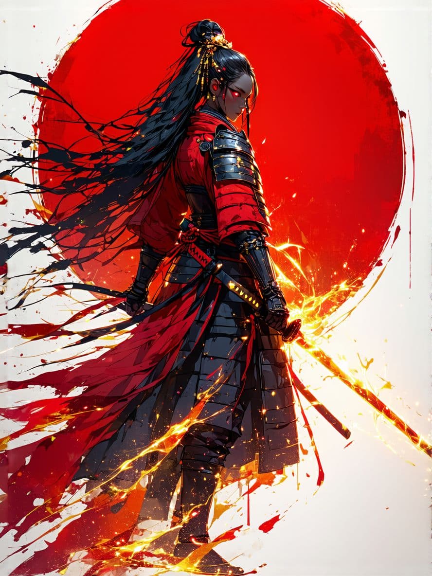 AI generated: A powerful anime-style female warrior, with dark skin, long flowing black hair, and intense glowing ...