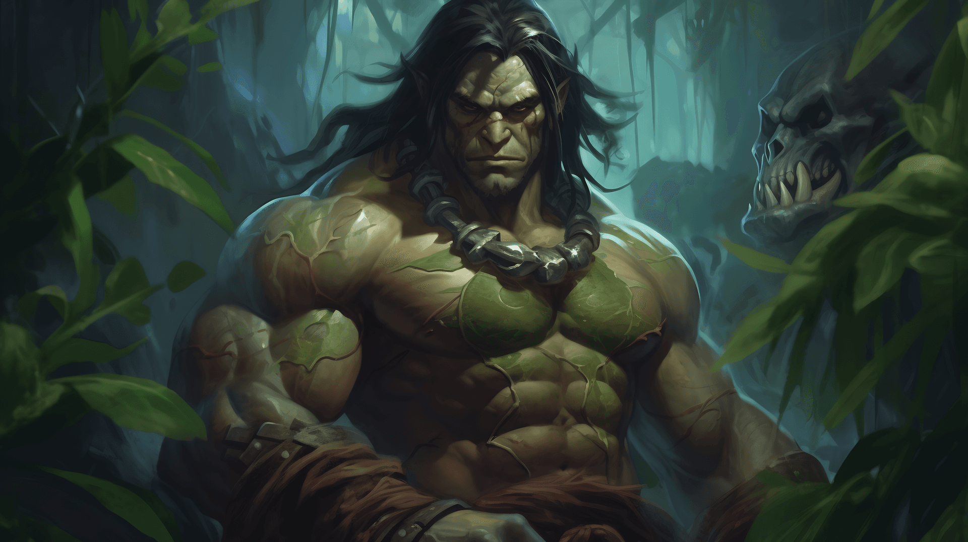 AI generated: Envision a portrait of a muscular, half-naked orc, his green skin taut over bulging muscles, veins p...
