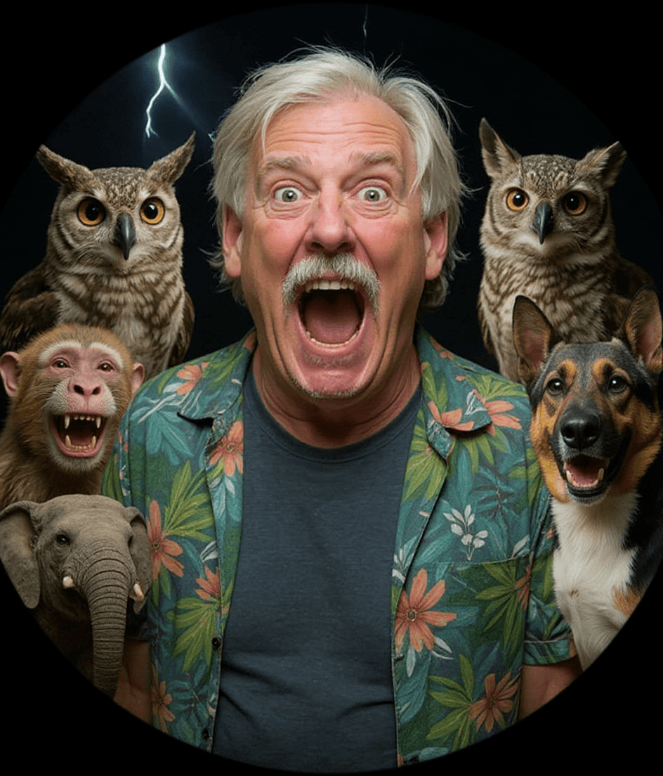 AI generated: A hyperrealistic, wide-angle close-up parody portrait of myself surrounded by chaotic animals, all c...