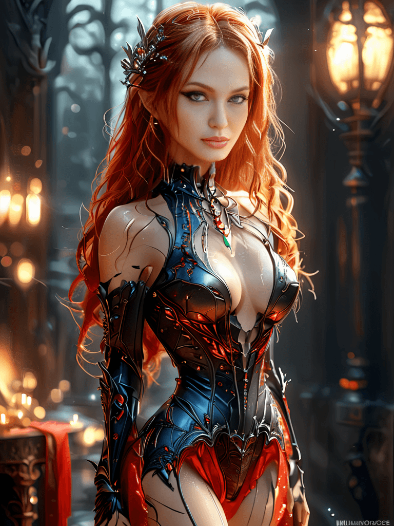 AI generated: elegant woman,red hair,sparkling hair,long legs,seductive beauty,minimal attire,moonlight,photoreali...