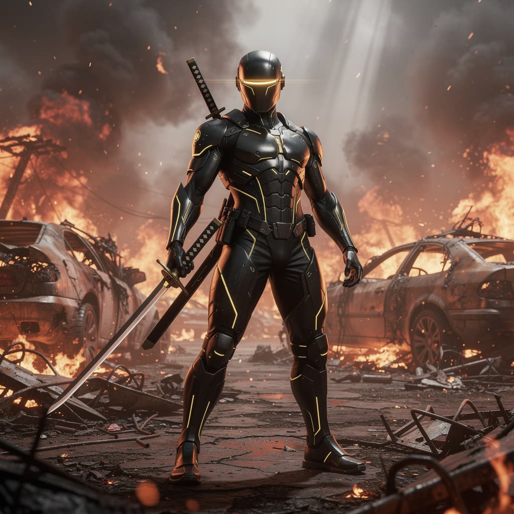 AI generated: A futuristic ninja warrior standing confidently in a desolate, post-apocalyptic landscape engulfed i...