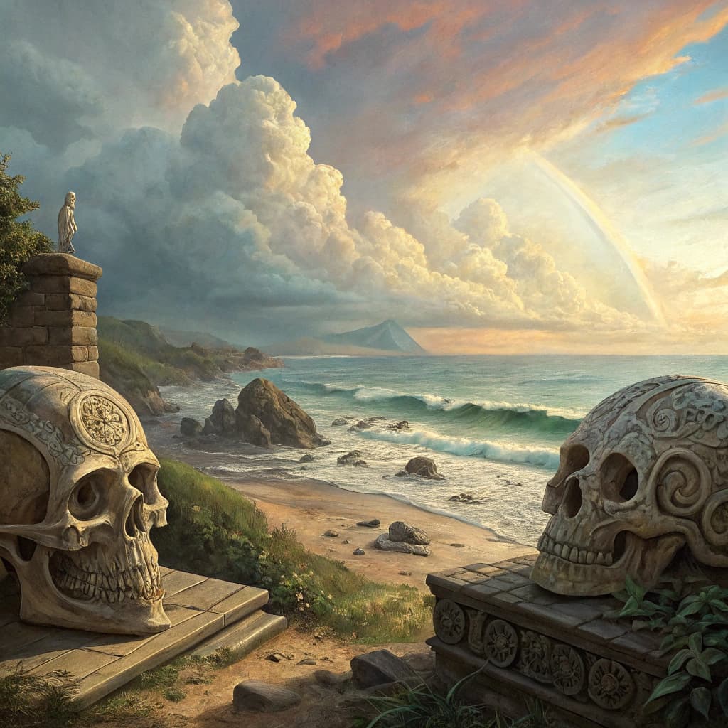 AI generated: the sky in the background, in the style of realism with fantasy elements, skull motifs, light-filled...