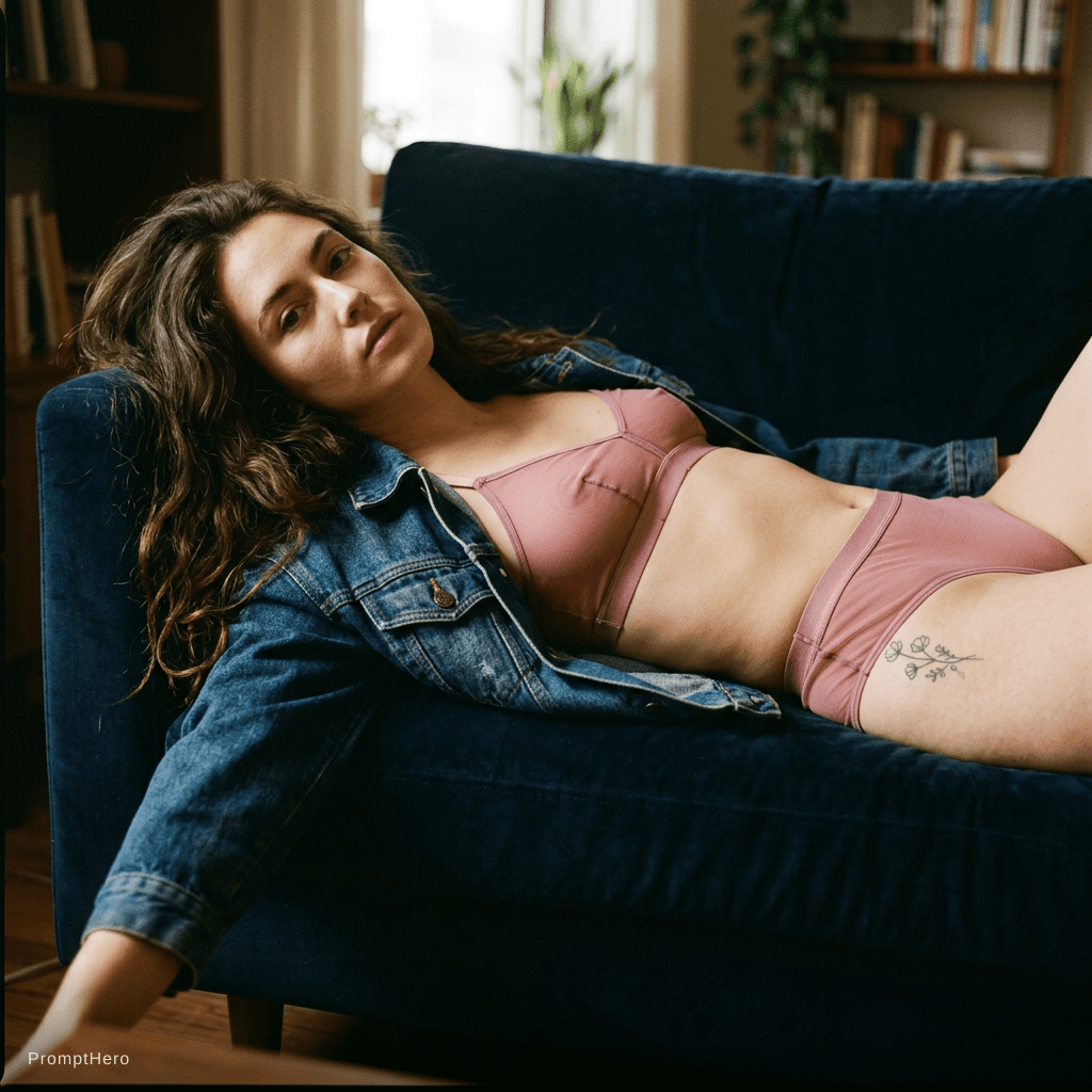 AI generated: A low-angle photograph captures a woman lying on her back atop what appears to be a dark blue sofa o...