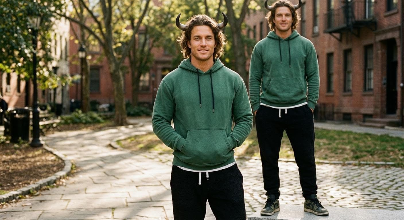 AI generated: A muscular attractive man with yellow skin and brown hair with green eyes with a green hoodie with b...