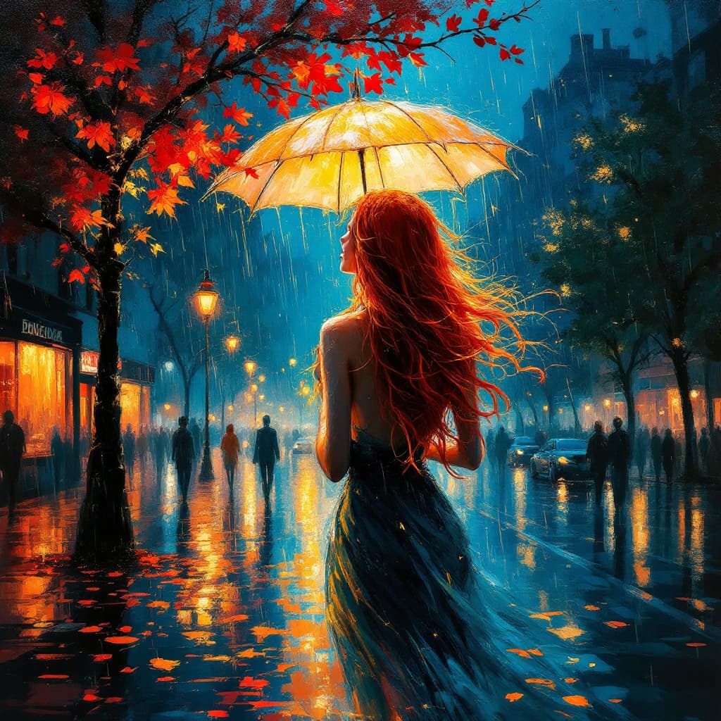 AI generated: A striking impressionist oil painting in the style of Leonid Afremov. A red-haired woman walks grace...