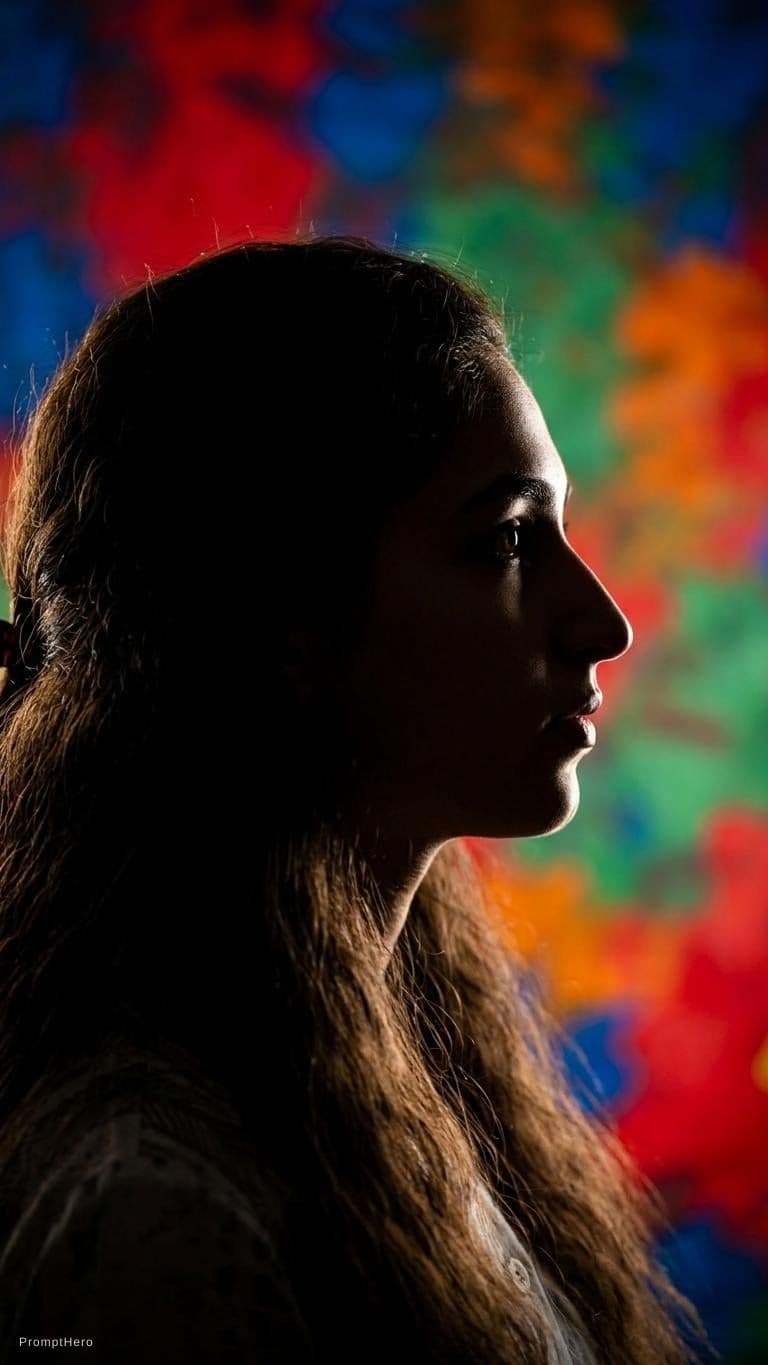 AI generated: photography, portrait. power of contrast, man model profile silhouette of a vibrant randomly color b...
