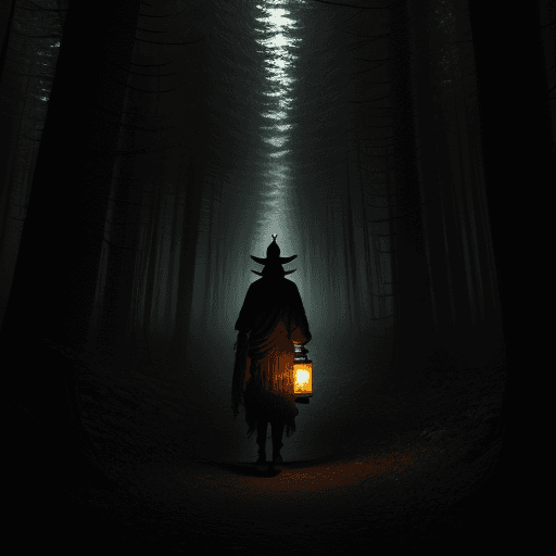AI generated: a shaman walking in a dark forest holding a lantern 