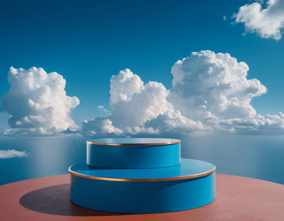 AI generated: Product photography, beautiful blue podium for product, super detalised and fashion, with puffy clou...