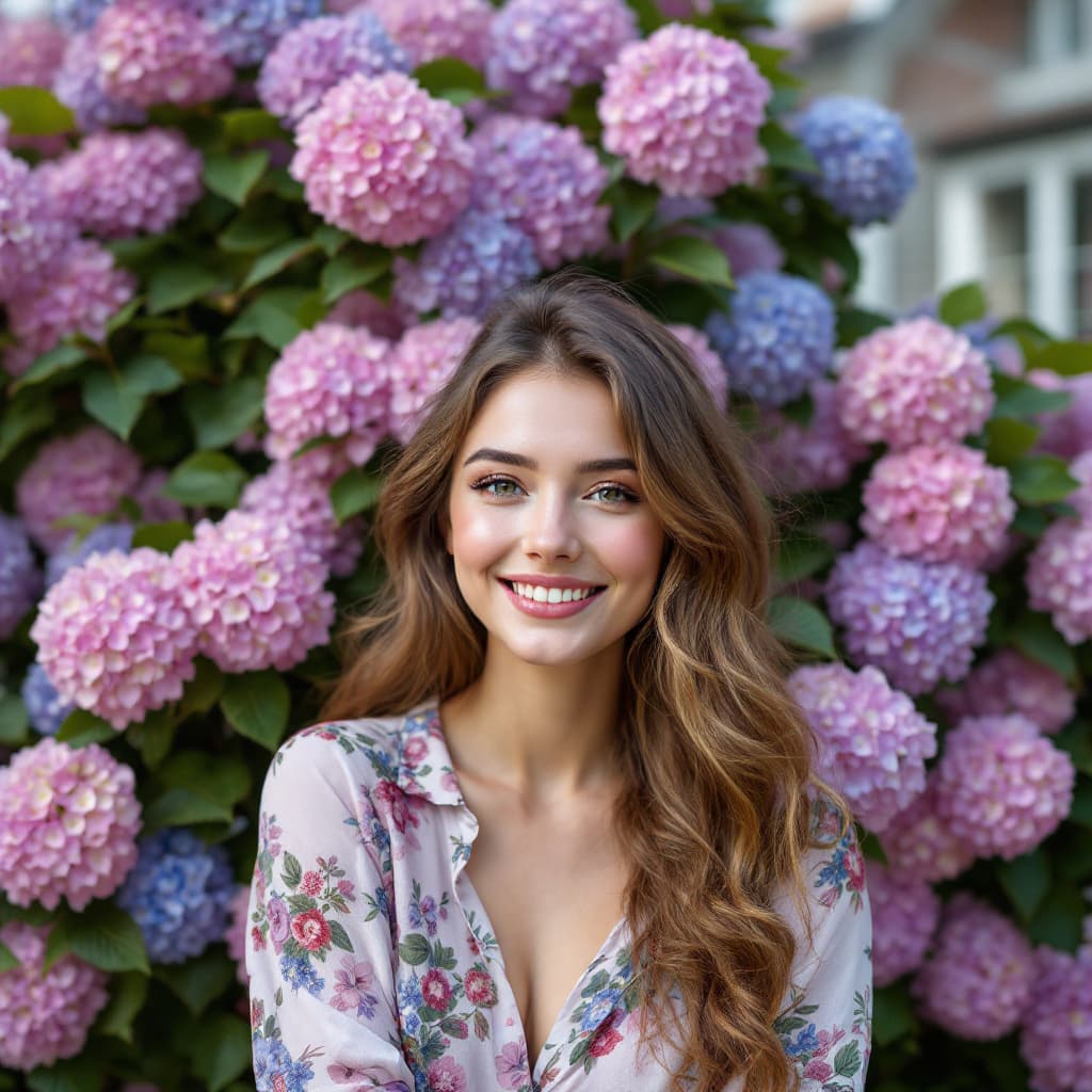 AI generated: Prompt:lovely woman standing in front of a hydrangea bush, face to the camera, garden with garden ho...