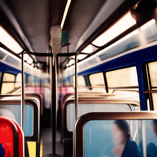 AI generated: photographic public city bus interior at twilight with sleepy passengers dressed in casual work clot...