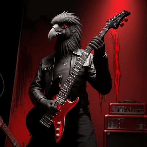 AI generated: Black Condor, standing on a black electric guitar and a red electric guitar, in the background of th...