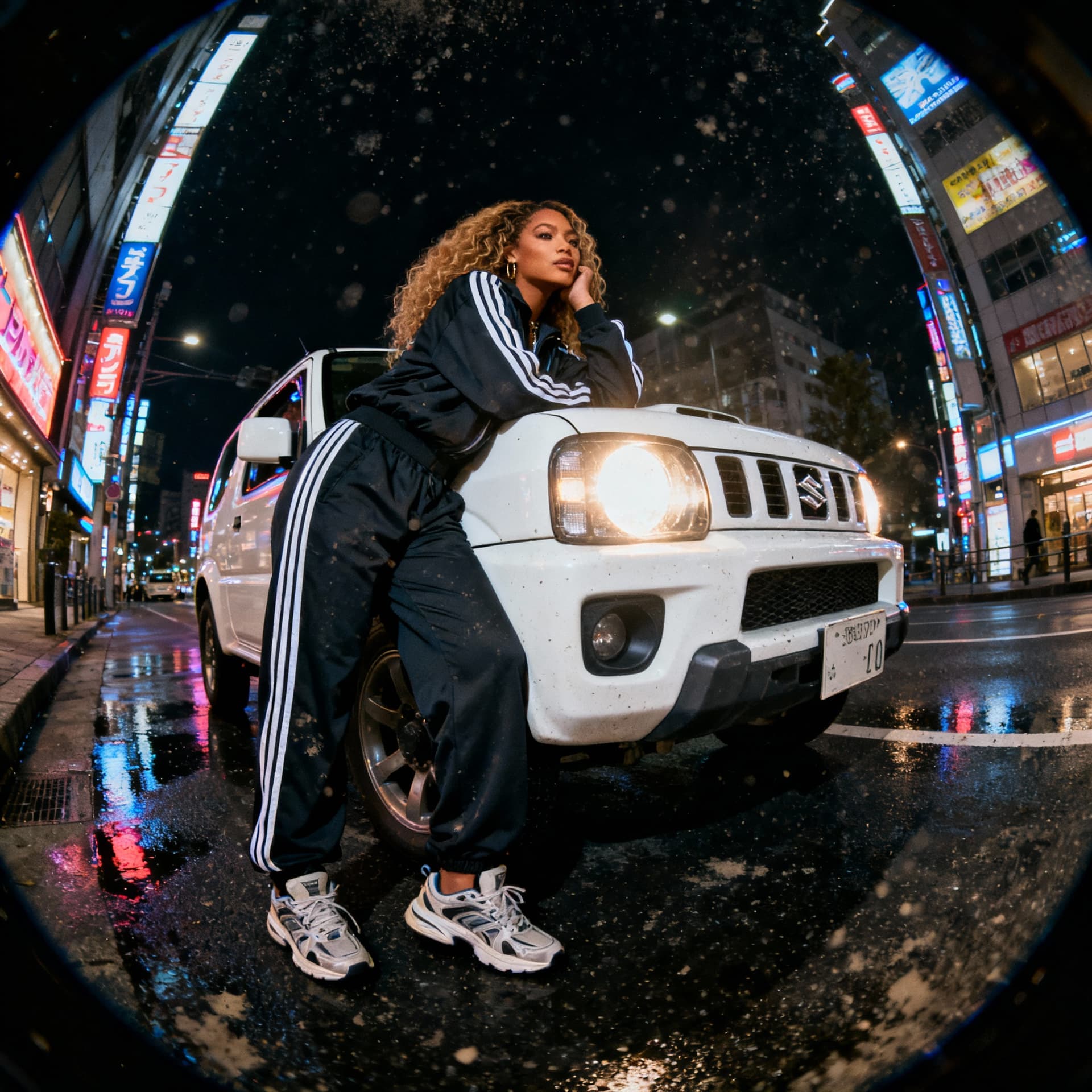 AI generated: Fish-eye portrait: Beyonce in oversized XL 1990s urban fashion inspired by adidas culture, leaning o...