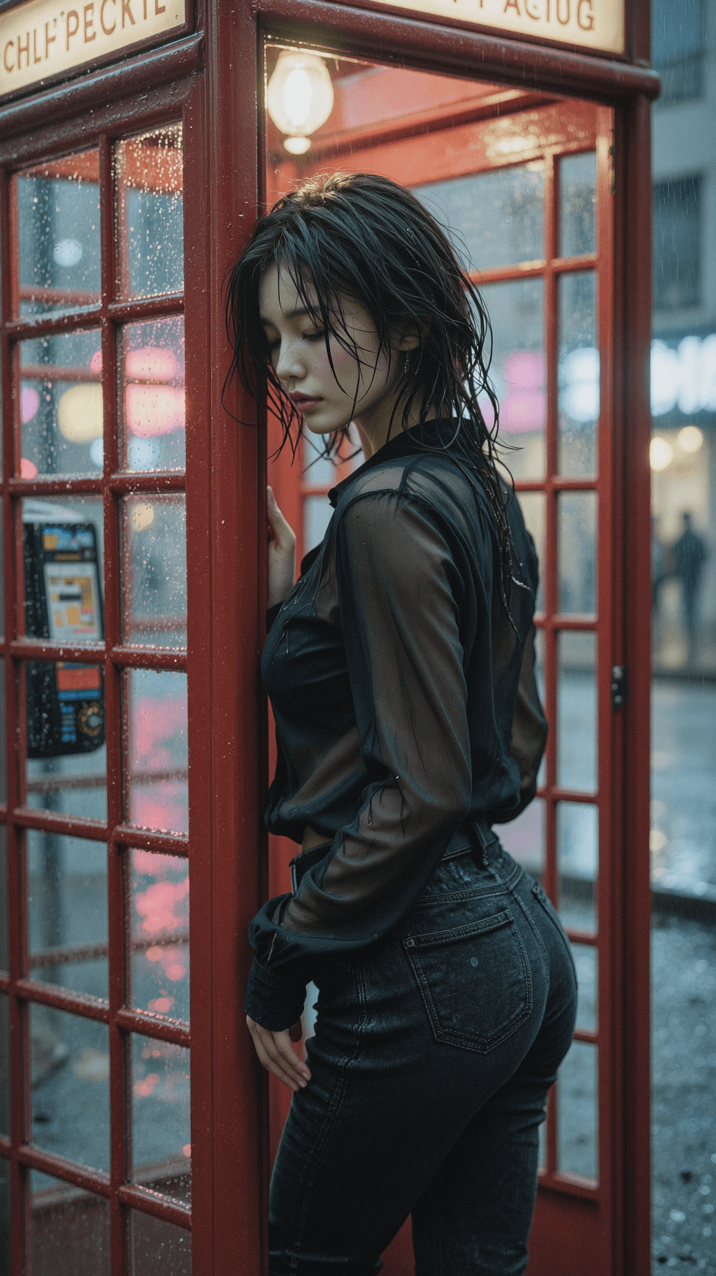 AI generated: Rainy Phone Booth (Pensive & Side-Profile)
a. Shooting Angle & Pose: Full side-profile medium shot. ...