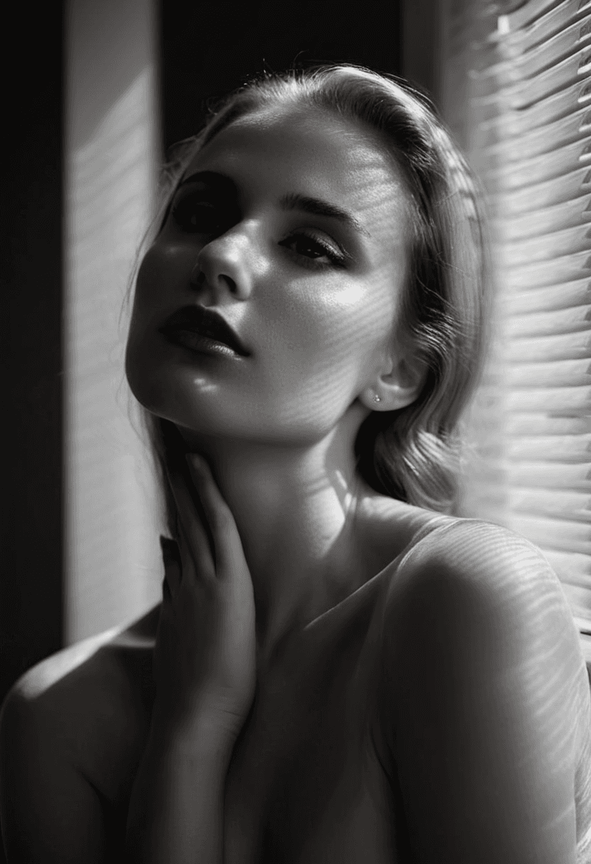 AI generated: monochrome beautiful young woman, long hair pulled back, fair complexion, (freckles:0.5), full lips,...