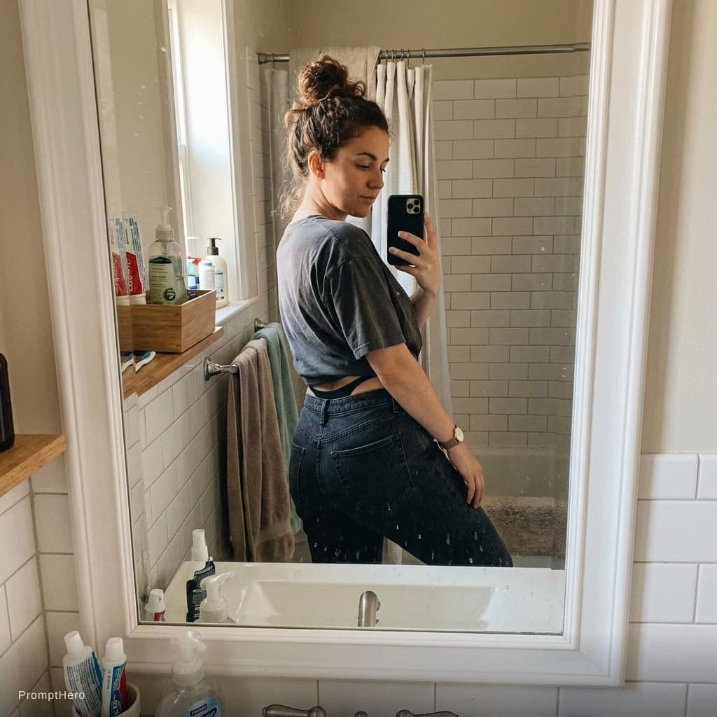 AI generated: In toilet mirror showing her big ass with black thong 
