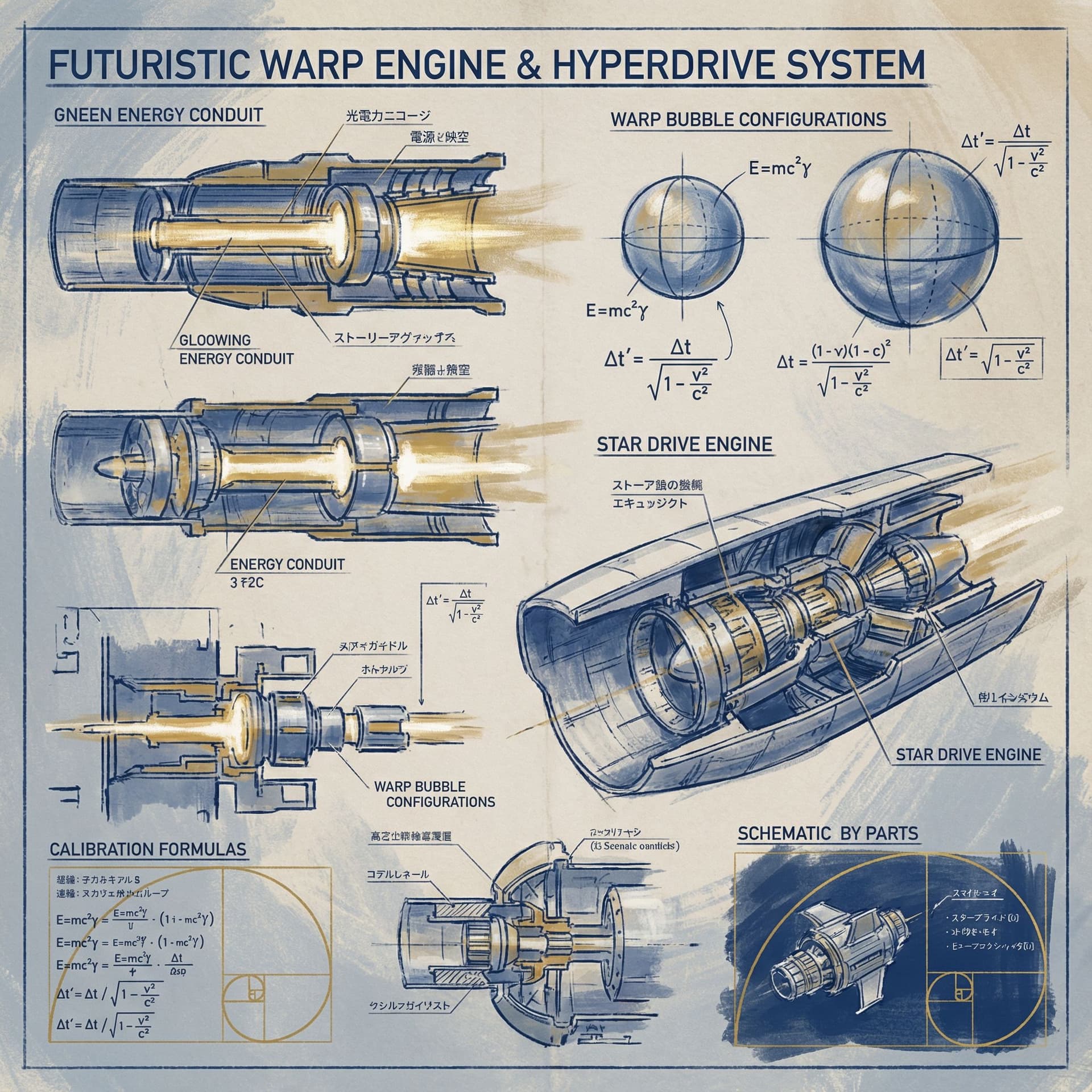 AI generated: sketches blueprint of futuristic sci fi, warp engine, warp bubble configurations, hyperdrive engines...