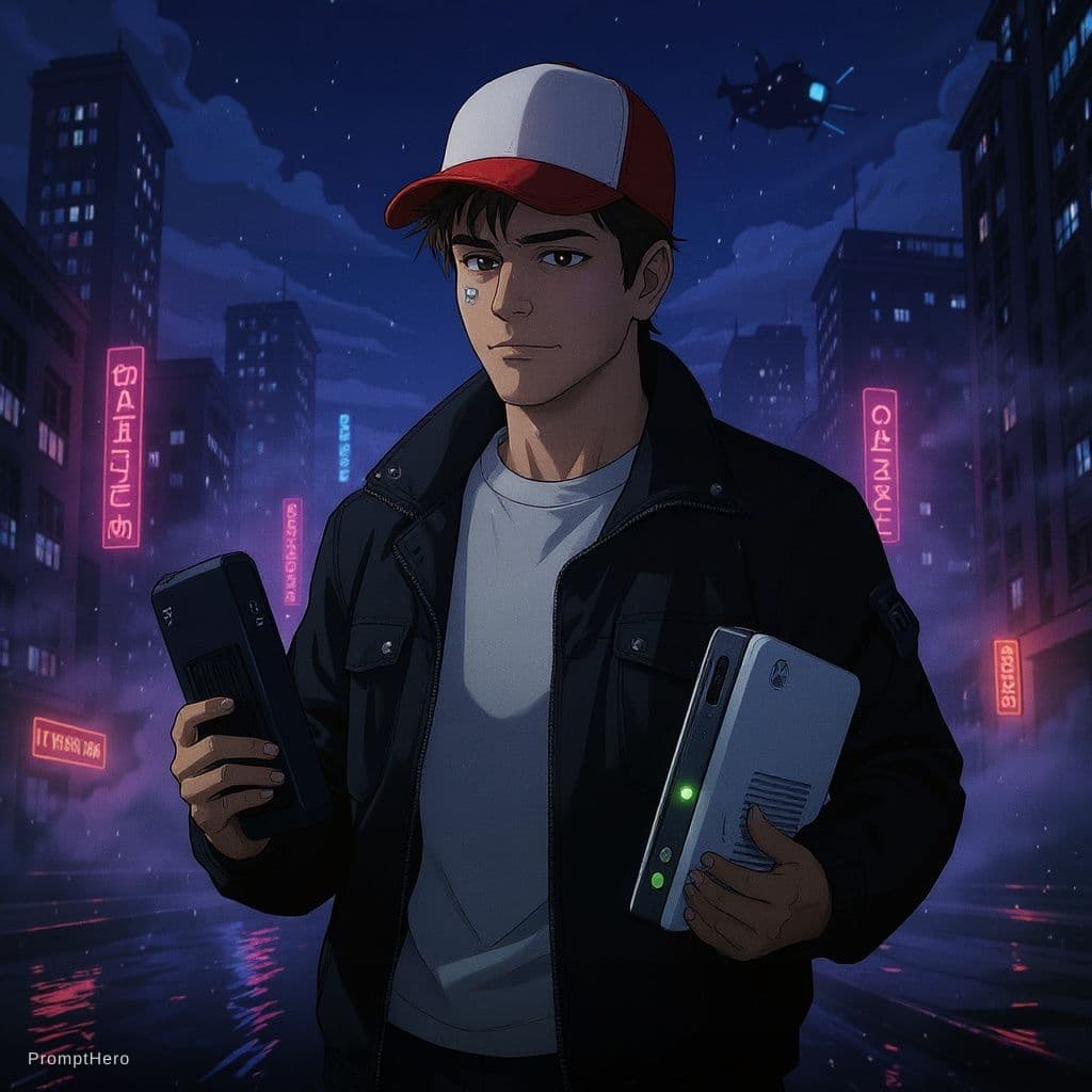 AI generated: a young boy wearing a cap, standing in a futuristic city inspired by New York, holding a PlayStation...
