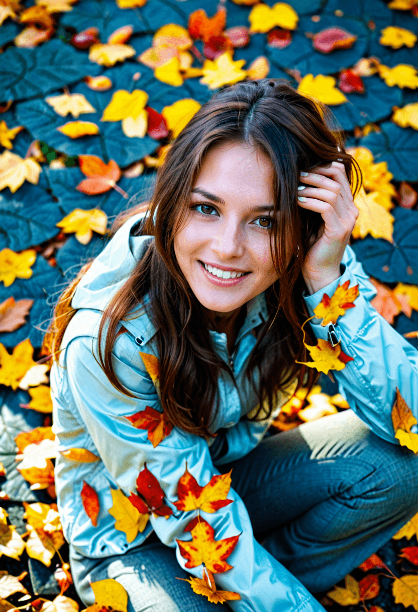 AI generated: cinematic photo woman with long brunette hair, from above, crouching, smiling, wearing a light jacke...