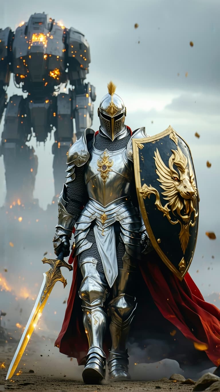 AI generated: An ultra-realistic, zoomed out, front facing, full-body portrait of a noble Paladin in gleaming silv...