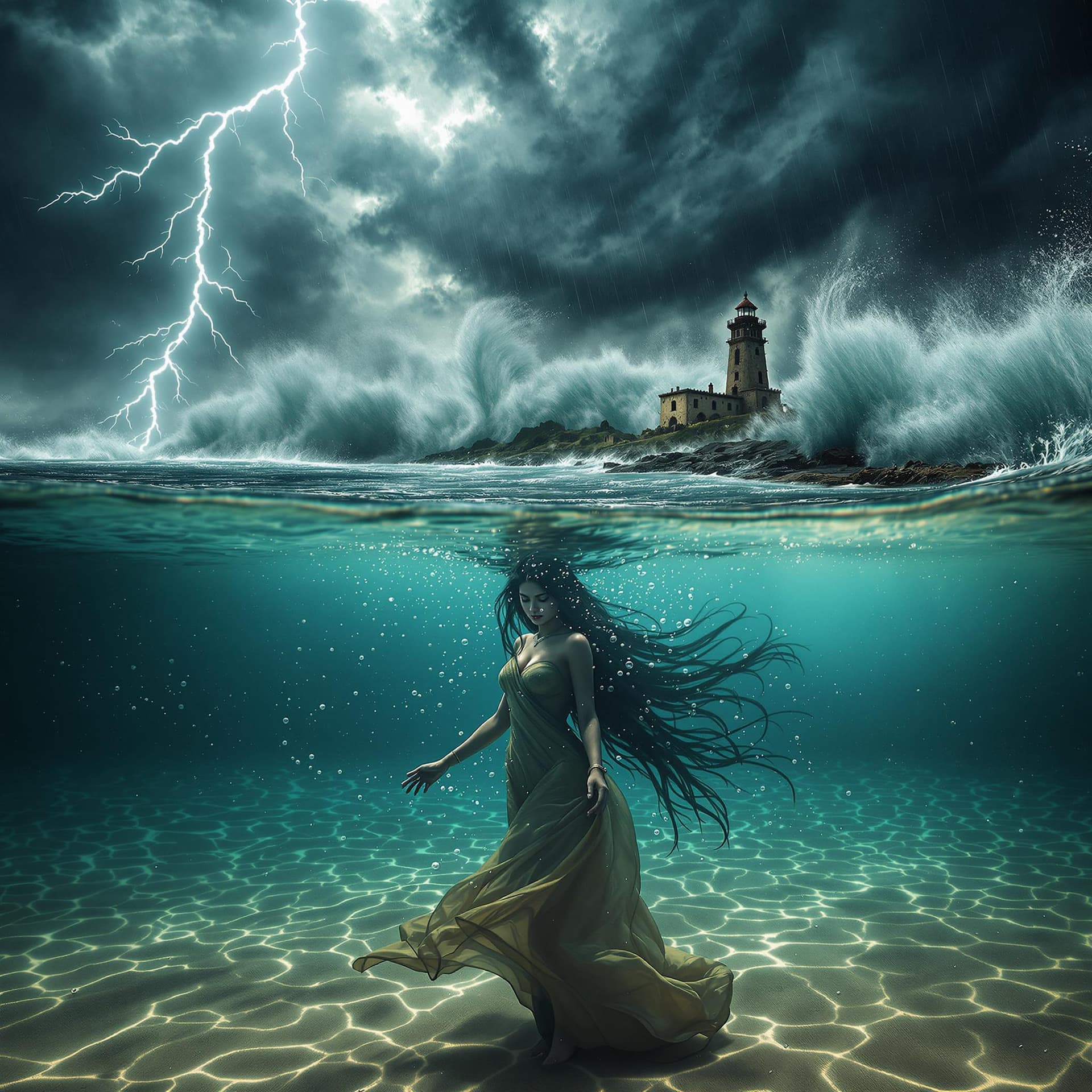 AI generated: A cinematic split-frame composition where the lens is half-submerged underwater. Half of the body is...