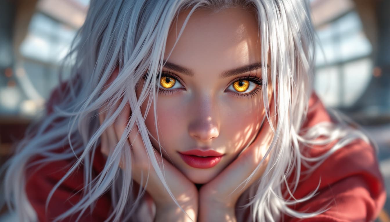 AI generated: high quality, 1lady, 25 years old, gold eyes, long white hair, fade, 
, red-top, black short-shorts,...